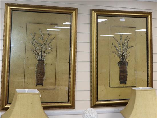 A pair of large coloured prints, blossom sprigs in vases, 88 x 58cm